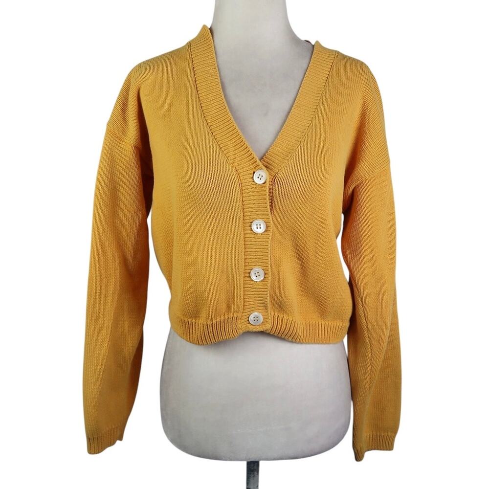 Vintage 90s Nordstrom Mustard Yellow Cotton Cropped Cardigan Sweater S